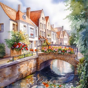 Puede incluir: Una pintura de acuarela de un pintoresco pueblo europeo con edificios coloridos que bordean un canal. Un puente de piedra con un arco floral cruza el canal, creando una escena pintoresca.