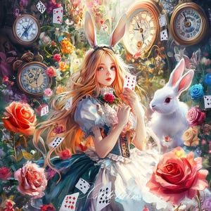 May include: A blonde-haired woman dressed as Alice in Wonderland holds a playing card and a white rabbit sits beside her. The scene is set in a whimsical garden with flowers, clocks, and playing cards.