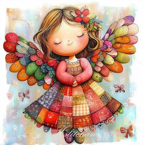 Puede incluir: Un ángel de patchwork colorido con una flor roja en el pelo. El ángel tiene los ojos cerrados y una dulce sonrisa. Las alas están hechas de retazos de tela de colores y el vestido también es de patchwork.
