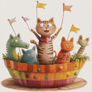 May include: A colourful, striped boat with a cat, a seahorse, a cat, and a cat-like creature with a long neck. The boat has flags on top and is filled with colourful details.