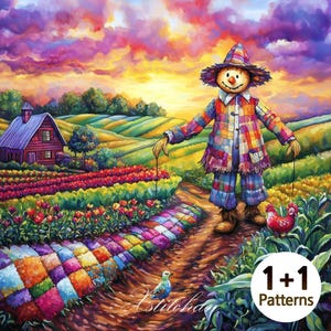 May include: A colorful patchwork quilt pattern is laid out in a field with a scarecrow standing in the middle. The scarecrow is wearing a colorful patchwork outfit and a straw hat. The field is surrounded by rolling hills and a red barn in the distance. The sky is a vibrant sunset with pink, orange, and purple clouds. The text "1+1 Patterns" is in the lower right corner of the image.