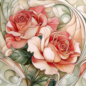Könnte beinhalten: Zwei rosa Rosen mit weißen Rändern, im Stil des Jugendstils mit grünen Blättern und einem wirbelnden Hintergrund gemalt.