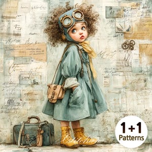 May include: An artistic illustration of a child dressed in a vintage aviator outfit, complete with goggles and a light blue coat. The child carries a small satchel and wears yellow boots. A suitcase rests on the ground. The background features handwritten script and the text "1+1 Patterns".