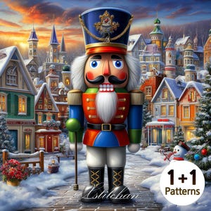 May include: A colorful Christmas nutcracker soldier stands in a snowy village scene. The nutcracker wears a blue hat, red jacket, and white beard, holding a green staff. The background features snow-covered buildings and Christmas trees.