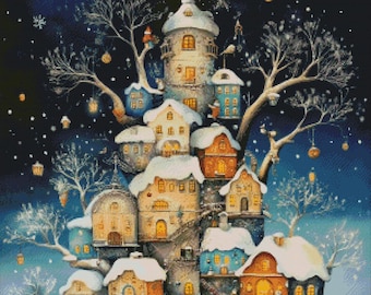 PCP0130 tree village full coverage cross stitch pattern PDF Cross Stitch chart Cross Stitch pattern Instant PDF Download