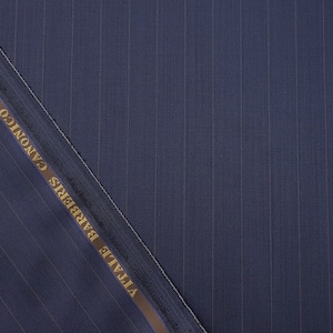 Striped blue suiting wool super 150&#39;&#39;S fabric. Made by Vitale Barberis Canonic, Italy.