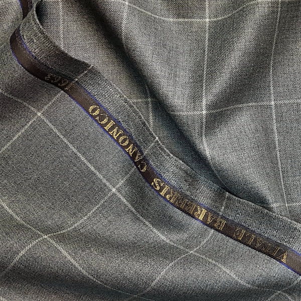 Vitale Barberis Canonico suiting windowpane check gray and blue fabric  100% wool super 110'S