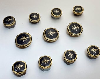 Metal blazer shank buttons set. In gold and nickel on  deep-blue enamel ground , high resolution of details, perfect quality, made in Italy