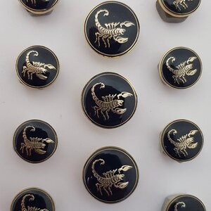 May include: Set of ten round, black and gold buttons featuring a scorpion design. The buttons are different sizes.