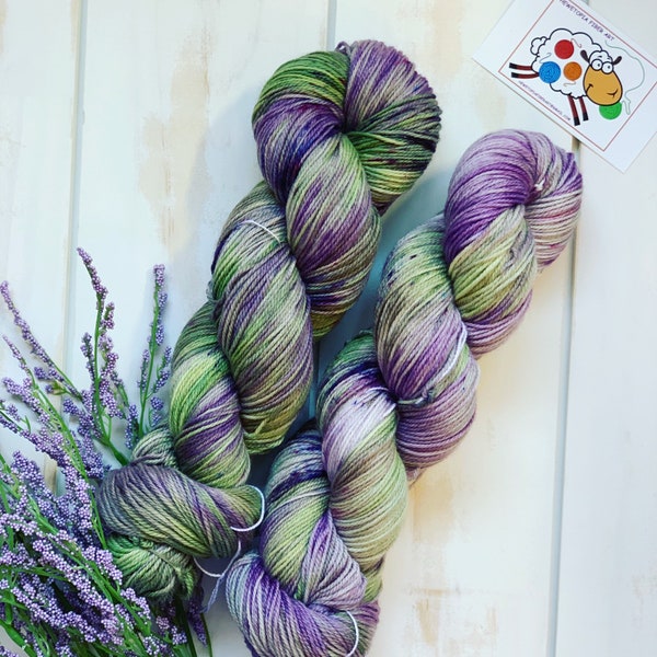 Lavender Garden 400 meters 100 grams Superwash Merino 80/20 Sock Yarn Wool Hand-dyed in Alberta  Canada Purple Green Speckled Skein