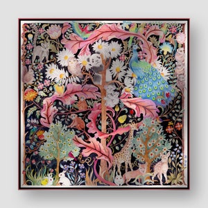 100% Mulberry Silk Scarf, Hand-painted Pattern by Wenzi, Size 90x90cm, Whimsical Wilderness, Best-Selling Gift Wrap, Mother's Day Gift