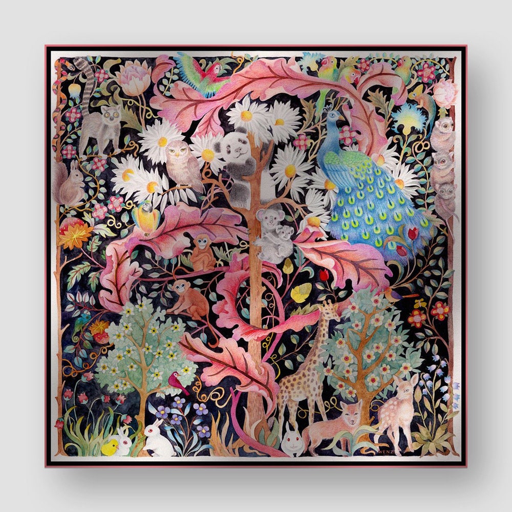 100% Mulberry Silk Scarf, Hand-painted Pattern by Wenzi, Size 90x90cm, Whimsical Wilderness, Best-Selling Gift Wrap, Mother's Day Gift