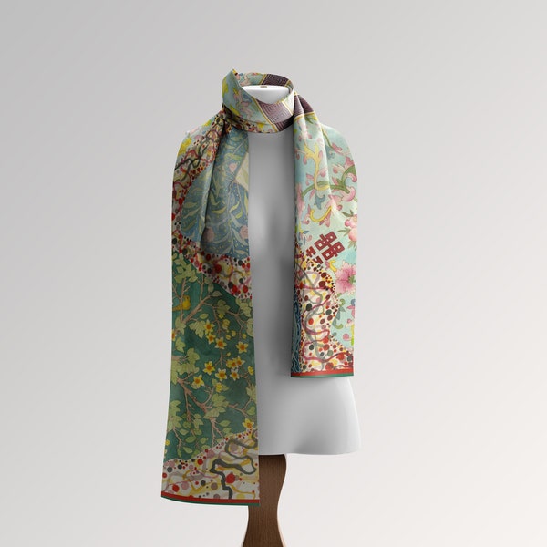 Hand-Painted Pattern Mulberry Silk Scarf, Arboreal Reverie, Floral Botanical Art