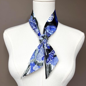 100% Mulberry Silk Twill Scarf, Short skinny scarf, Hair scarf, scarf for bags, Porcelain Flight, Hand painted Pattern by Wenzi,88cm*5cm