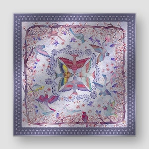 100% Mulberry Silk Scarf, Hand-painted Pattern by Wenzi, Size 90x90cm,Bird Silk Scarf - 90x90cm -Luxury Gift for Her, Mothers Day gift
