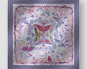 100% Mulberry Silk Scarf, Hand-painted Pattern by Wenzi, Size 90x90cm,Bird Silk Scarf - 90x90cm -Luxury Gift for Her, Mothers Day gift