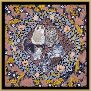 Mulberry Silk Twill Scarf, heavyweight, double sided, Hand-painted Pattern by Wenzi, "Whiskered Court: The Feline Chapter", Birthday Day