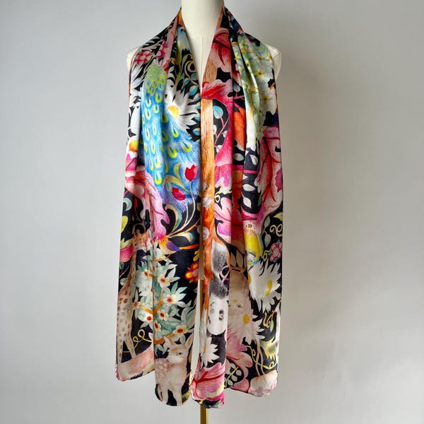 Hand-Painted Mulberry Silk Scarf, Wild Animals, Designed in Canada