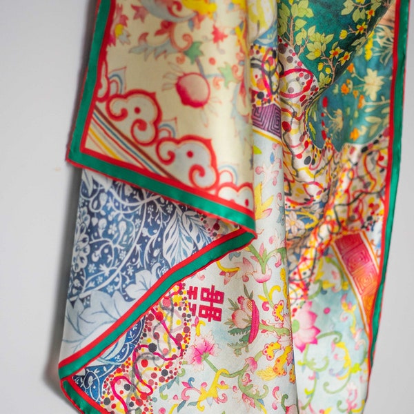 Mulberry Silk Scarf, Lightweight & Flowing,Arboreal Reverie, Hand-painted Pattern by Wenzi, Size 99x90cm
