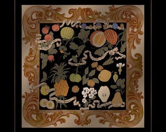 Heavyweight Double-Sided Mulberry Silk Twill Scarf, “Fruitful Elegance”, Hand-Painted by Wenzi, Multiple Sizes