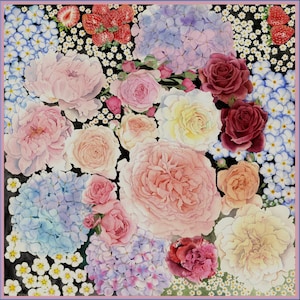 Mulberry Silk Twill Scarf, heavyweight, double sided, Hand-painted Pattern by Wenzi, "Garden Sonata", Birthday Day