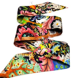 100% Mulberry Silk Twill Scarf, Short skinny scarf, Hair scarf, scarf for bags, Mystic Woodland, Hand painted Pattern by Wenzi,88cm*5cm
