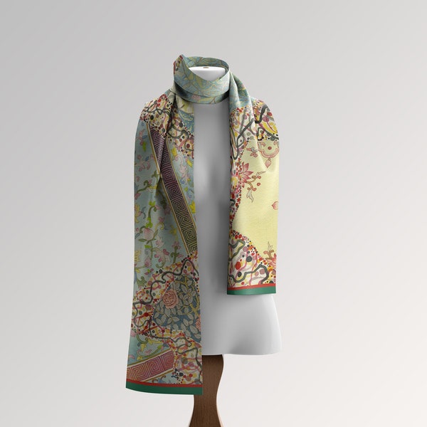 Hand-Painted Mulberry Silk Scarf, Arboreal Reverie, 50x200cm
