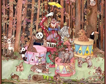 Puede incluir: Una ilustración de acuarela caprichosa de una escena de circo en un bosque. Un payaso con un paraguas amarillo está rodeado de animales, incluyendo una cebra, un panda, una jirafa y un leopardo, dentro y alrededor de tambores decorados.