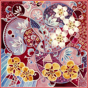 Mulberry Silk Twill Scarf, heavyweight, double sided, Hand-painted Pattern by Wenzi, "Rhythms of Bloom A", Birthday Day