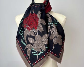Heavyweight Double-Sided Mulberry Silk Twill Scarf, “Midnight Roses”, Hand-Painted by Wenzi, Multiple Sizes