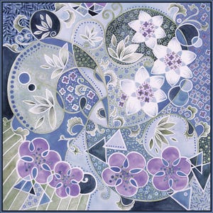 Mulberry Silk Twill Scarf, heavyweight, double sided, Hand-painted Pattern by Wenzi, "Rhythms of Bloom B", Birthday Day
