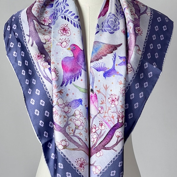 Heavyweight Double-Sided Mulberry Silk Twill Scarf, “Blossom Birds”, Hand-Painted by Wenzi, Multiple Sizes