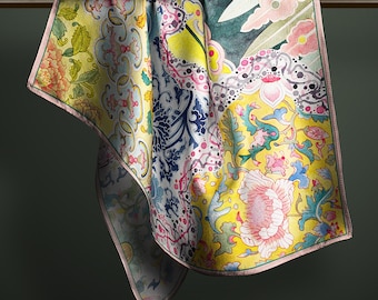 Mulberry Silk Scarf, Lightweight & Flowing, Hand-painted Pattern by Wenzi, “Vibrant Harmony”, 90x90cm