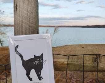 Lucky Black Cat Moody Original Block Print
