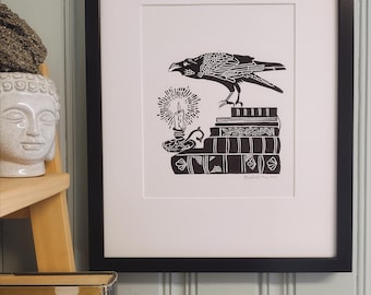 Original Linocut Raven Print: Hand-Colored Crow Art