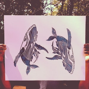 Large Linocut Original print, Humpback Whale Family