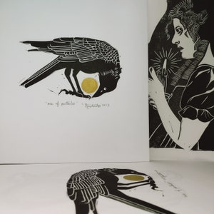 Ace of coins tarot card themed original block print crow raven