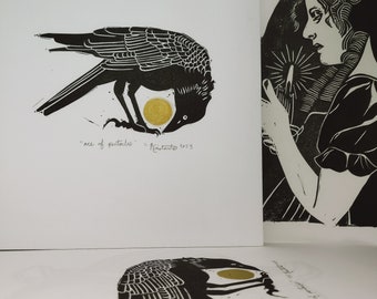 Ace of coins tarot card themed original block print crow raven