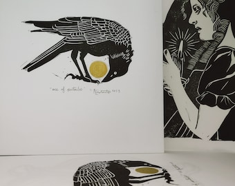 Ace of coins tarot card themed original block print crow raven