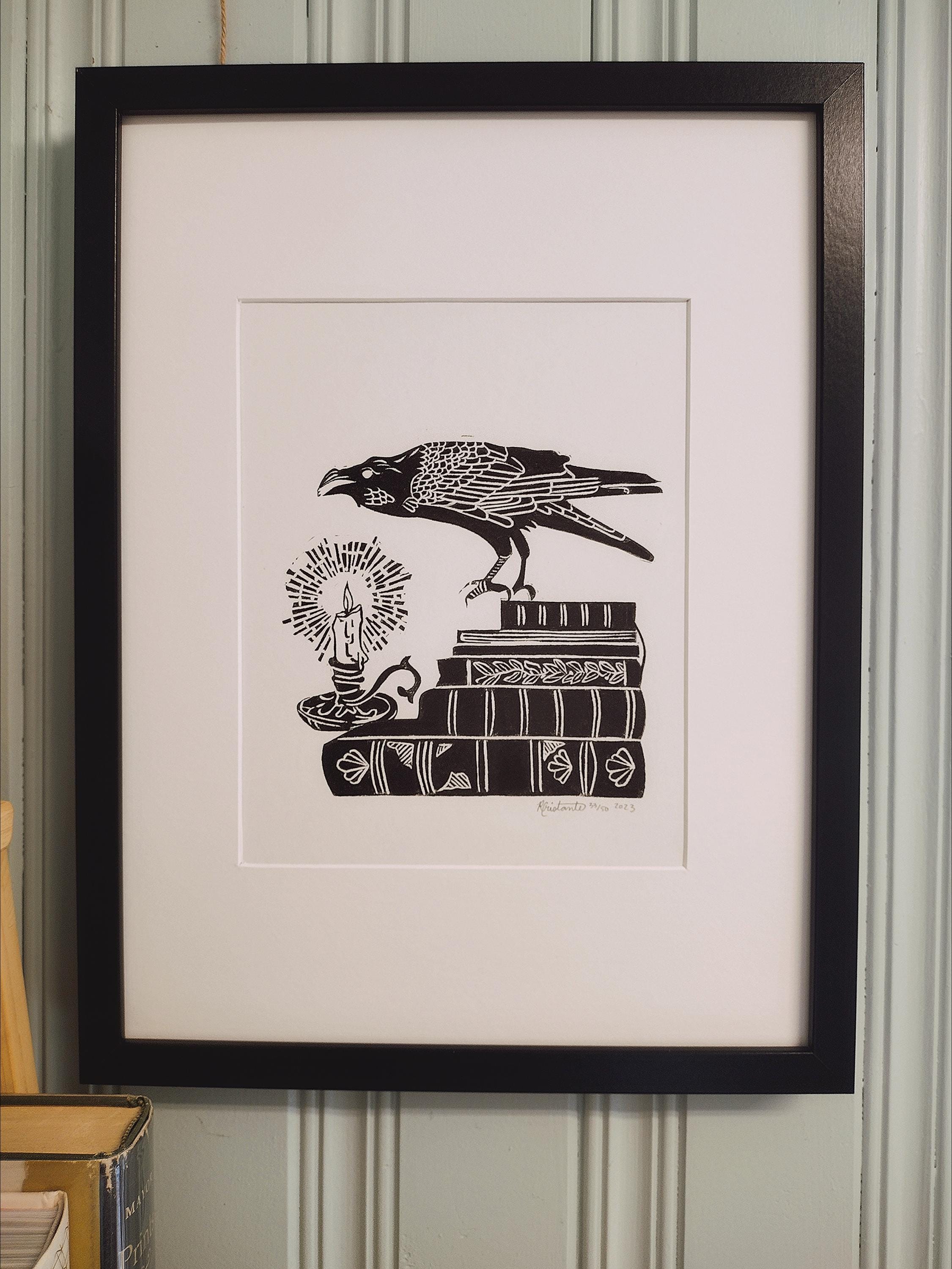 Quoth the Raven, Never More, Original Block Print Raven Bookstack ...