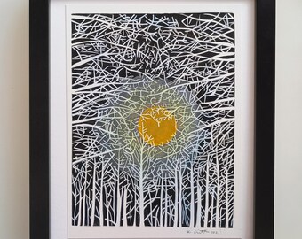 Moonlight Treescape hand painted Linocut