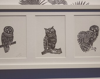 owl art set of three original wood cuts barred owl great horned owl burrowing owl