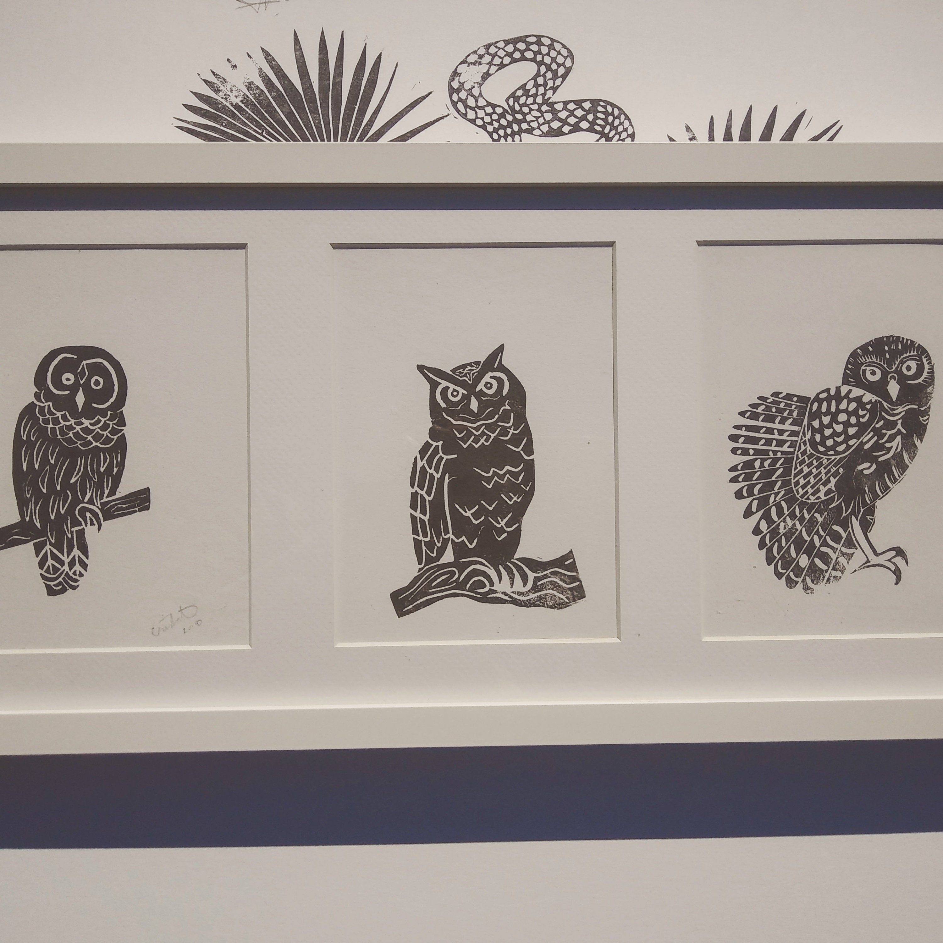 Owl Linocut Trio set of three original wood cuts barred owl great horned owl burrowing owl