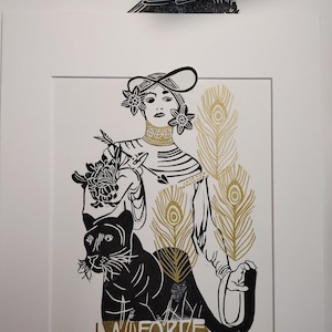 Impresión en bloque original con la carta del tarot &quot;La Fuerza&quot;
