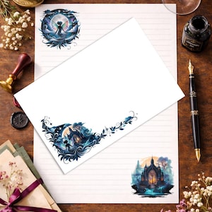 May include: A sheet of white lined stationery featuring decorative illustrations of a fairy silhouette against a full moon, a dark gothic castle, and intricate blue floral scrollwork accents in the corners and along the bottom edge.