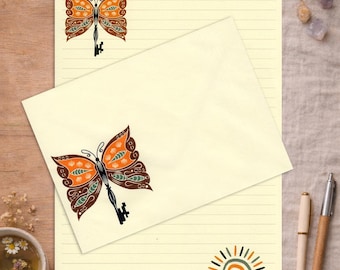 Papel de carta y sobres tamaño A5 con diseño de mariposas y arcoíris estilo boho.