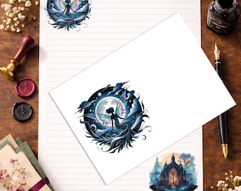 Papelería de fantasía con diseño de hadas, tamaño A5, con renglones, estilo gótico, con temática de castillos y estilo cottagecore oscuro. Papelería de brujas (Reino Unido).