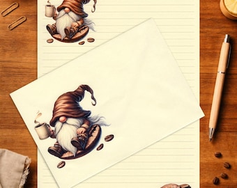 Juego de papelería A5 con diseño de gnomo del café, papel de escribir color vainilla (rayado o liso).