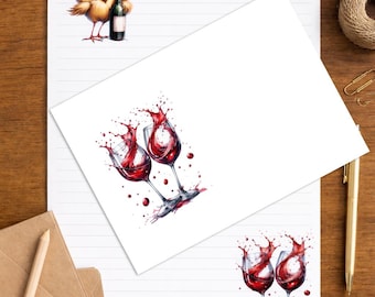 Juego de papelería "Sip Me Baby One More Time", sobres de papel con diseño de vino y pájaros.