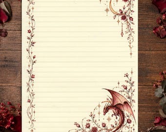 Puede incluir: Una hoja de papel de carta rayado de color crema con un borde decorativo de enredaderas florales rojas, estrellas brillantes y una luna creciente en la parte superior derecha. Un dragón rojo ilustrado aparece en la esquina inferior derecha.